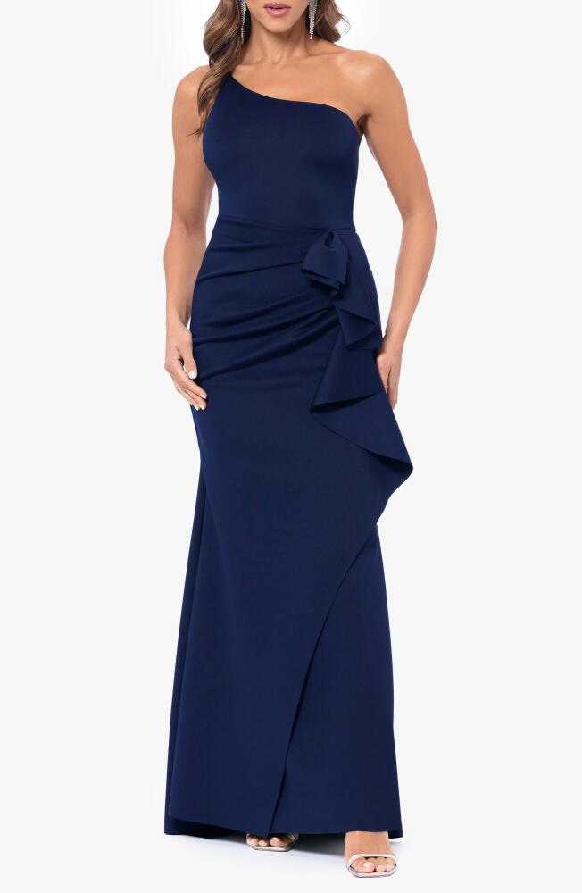 Xscape Evenings Xscape One-Shoulder Scuba Ruffle Gown in Midnight Cover