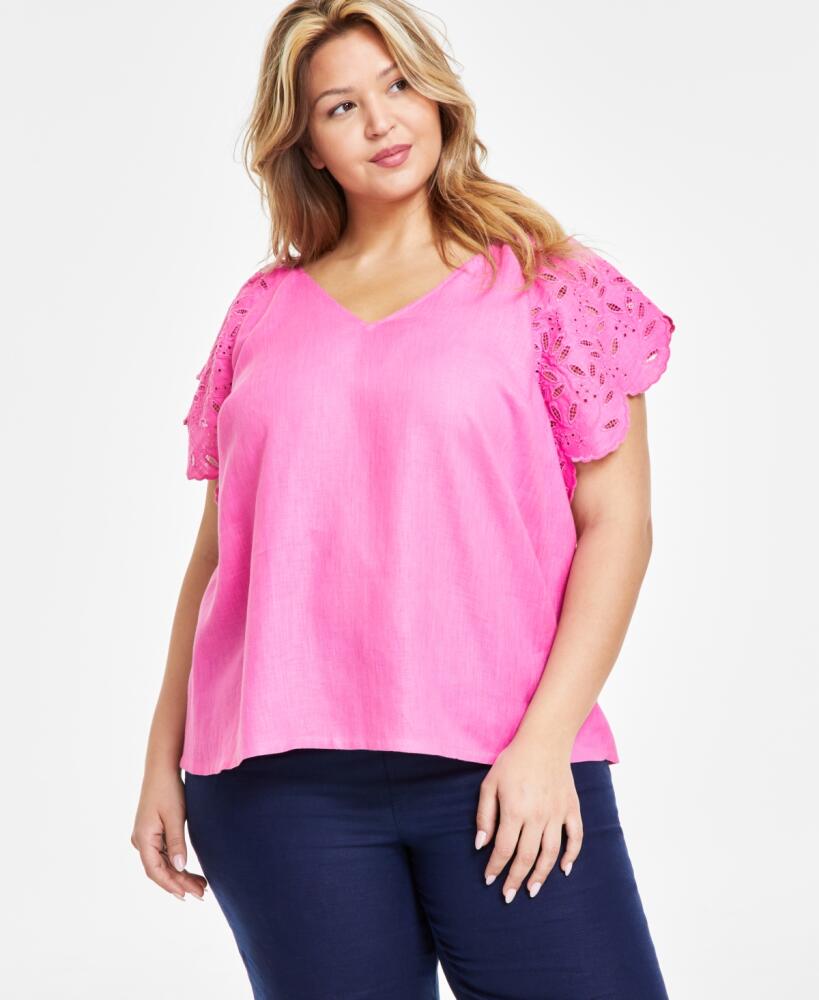 Charter Club Plus Size 100% Linen Embroidered Flutter-Sleeve Top, Created for Macy's - Phlox Pink Cover