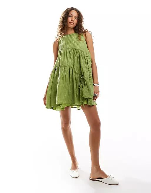 Ghospell drawstring mini dress in olive-Green Cover