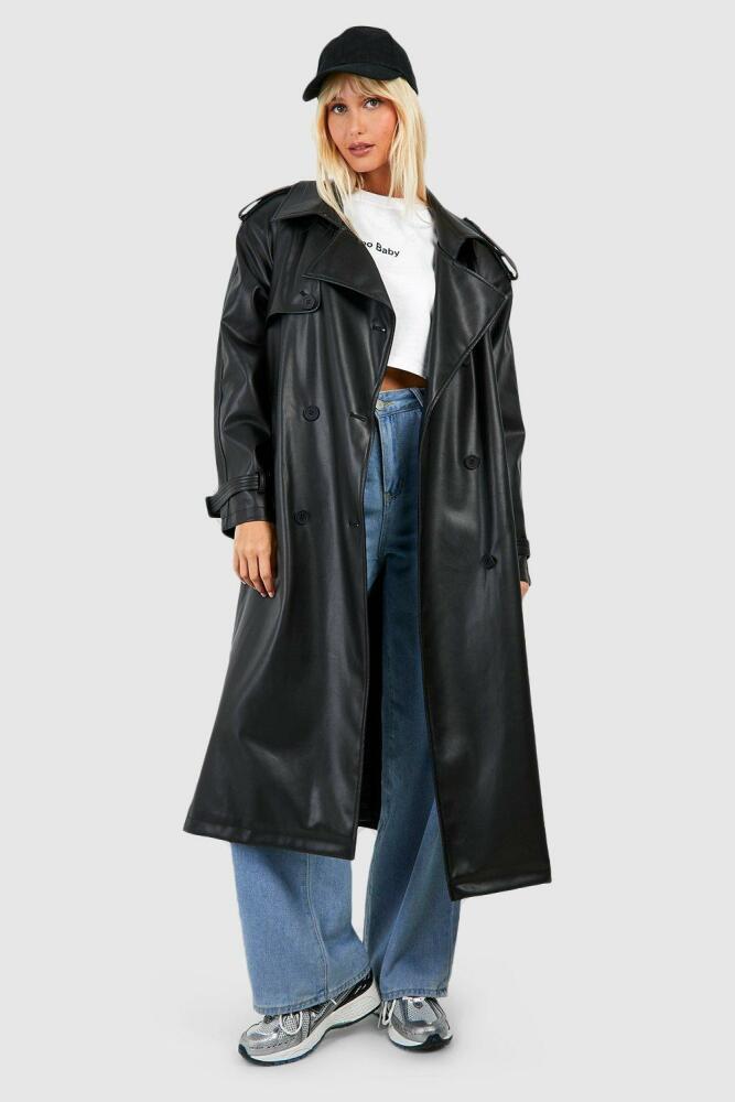 boohoo Womens Faux Leather Maxi Trench Coat - Black Cover