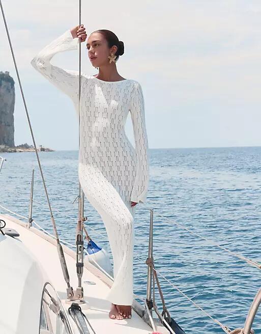 4th & Reckless x Luana Barron oceane long sleeve sheer knit maxi beach dress in white Cover