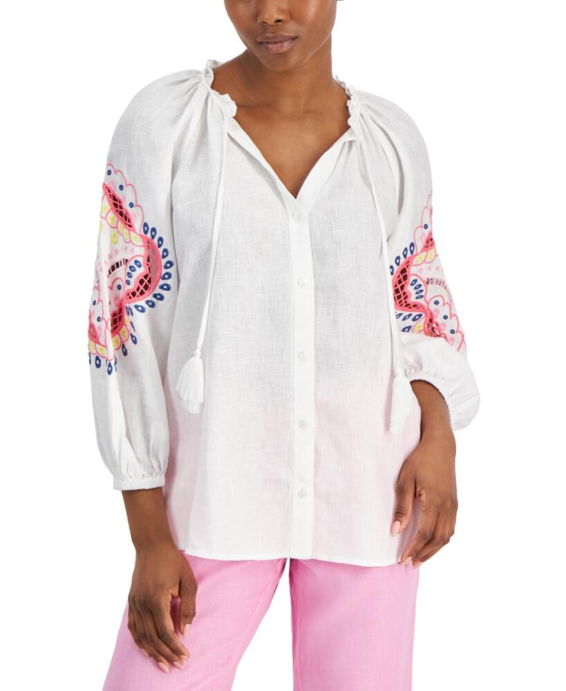 Charter Club Petite Linen Split-Neck Cutwork-Sleeve Top, Created for Macy's - Bright White Cover