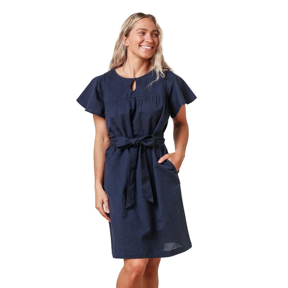 Hope & Henry Women's Bell Sleeve Linen Keyhole Dress in Navy Linen Cover