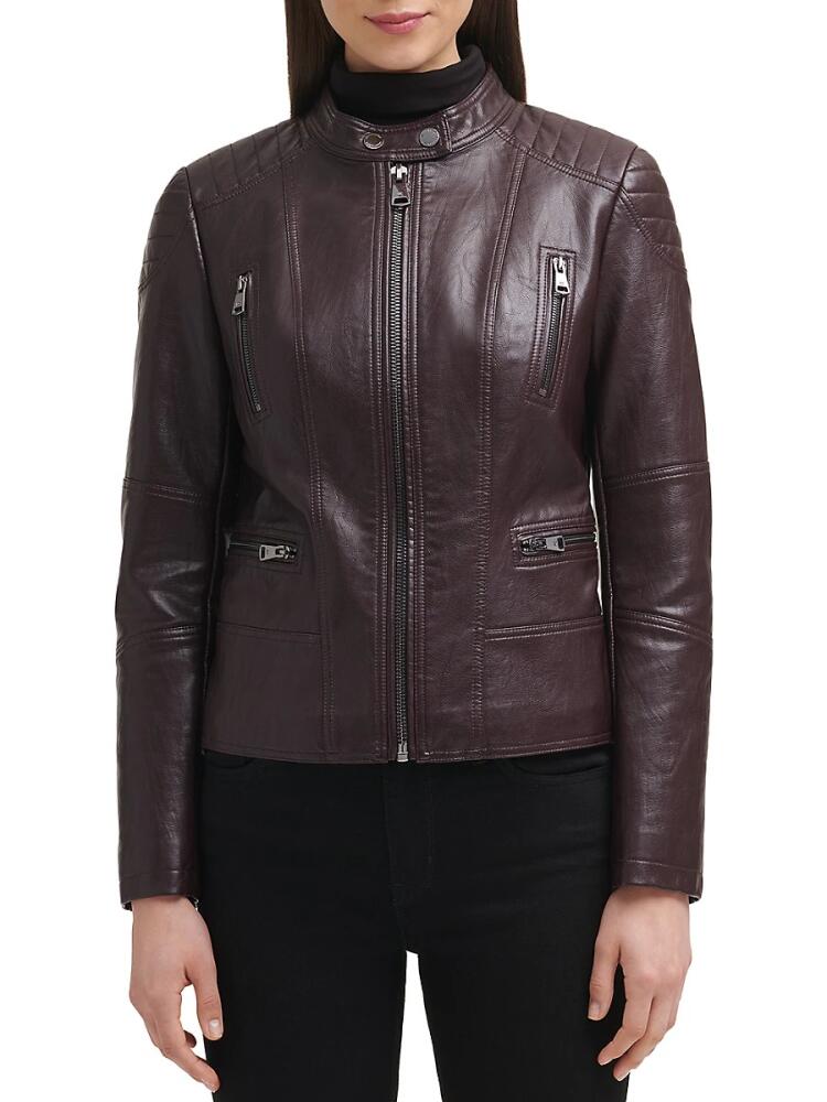 Kenneth Cole Women's Faux Leather Moto Jacket - Rum Raisin Cover