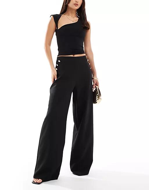 ASOS DESIGN tailored wide leg pants with gold button detail in black Cover