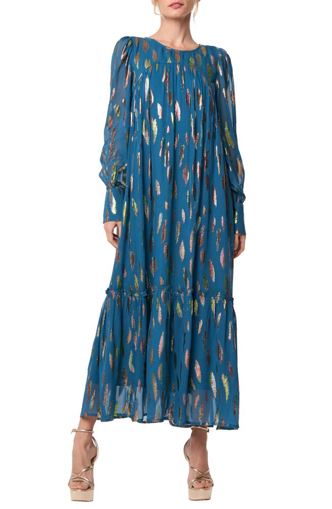 CIEBON Eryn Metallic Print Tie Waist Long Sleeve Maxi Dress in Sea Cover