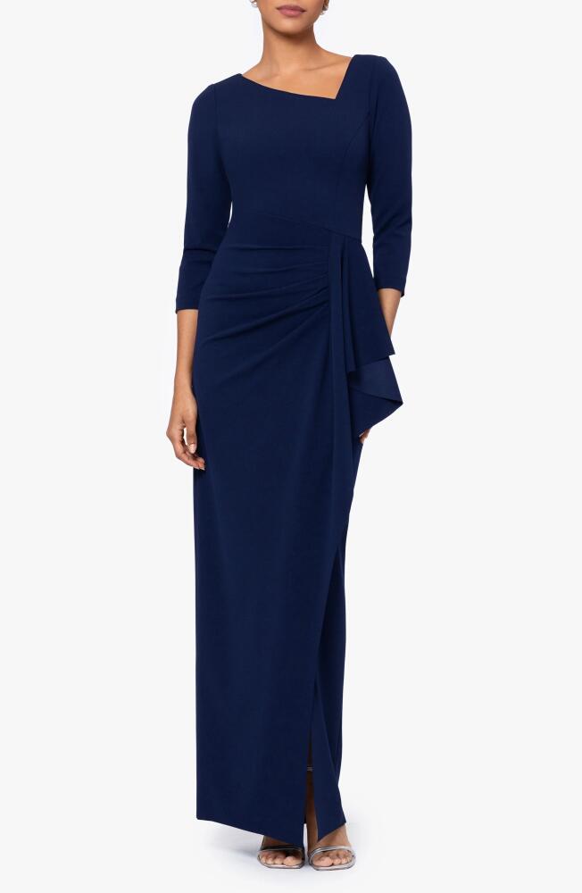 Xscape Evenings Asymmetric Neck Draped Gown in Navy Cover