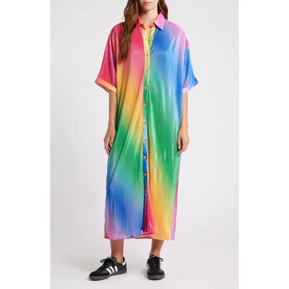 Dressed in Lala So Far So Good Oversize Plissé Shirt Dress in Prismatic Rainbow Cover