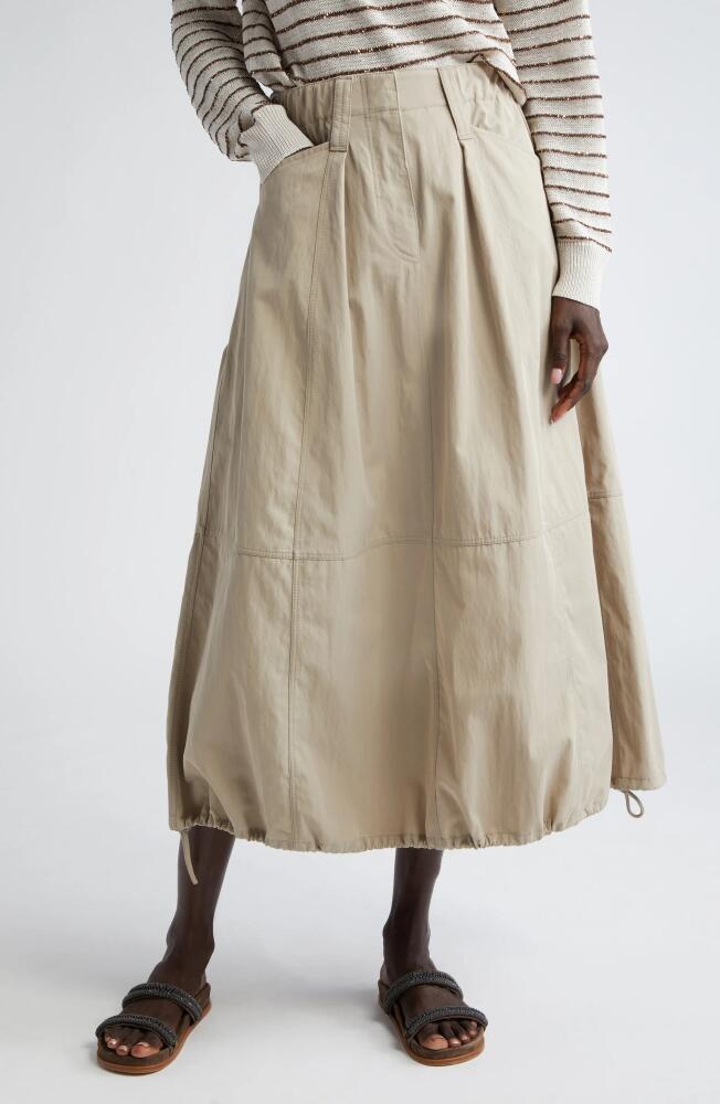 Brunello Cucinelli Monili Trim Drawstring Hem Twill Midi Skirt in Beige Cover