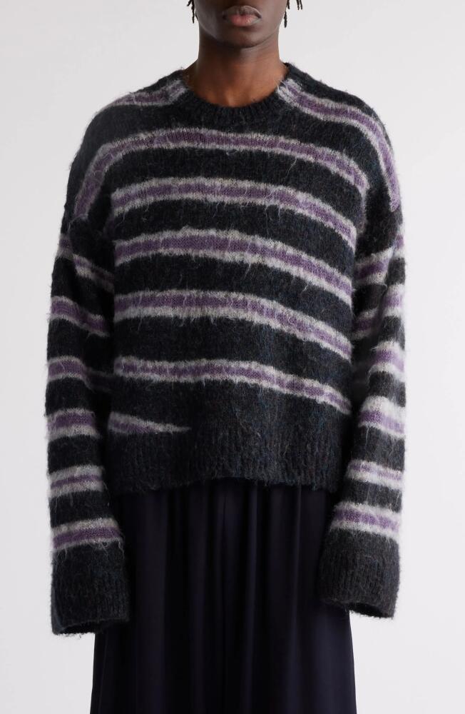 Acne Studios Brushed Intarsia Stripe Crewneck Sweater in Grey Melange/Burgundy Cover