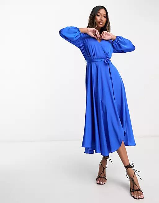 Ever New long sleeve tie waist midi dress in blue satin Cover