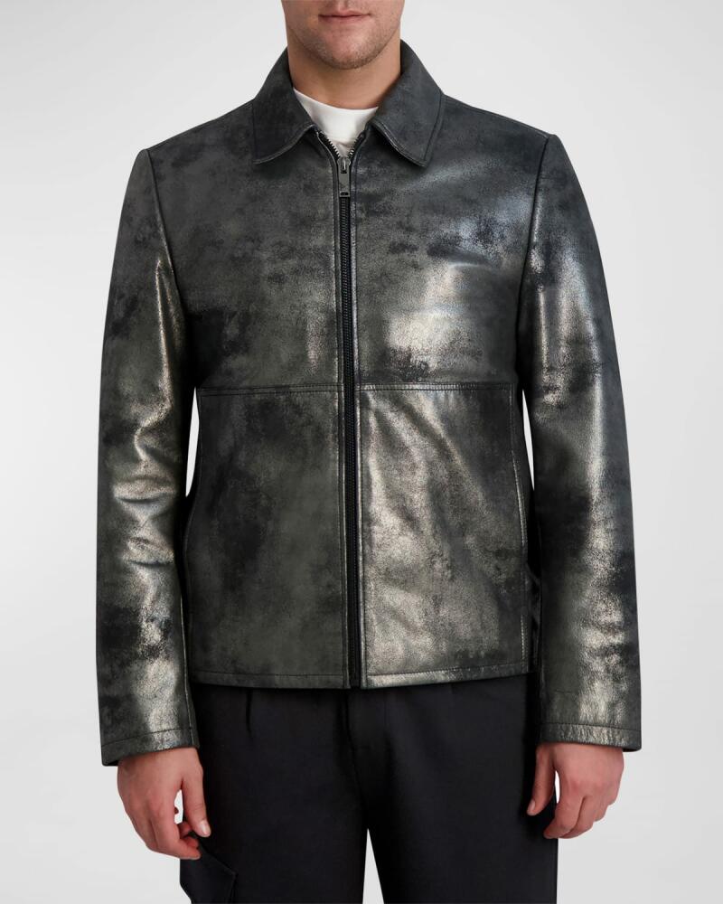 Karl Lagerfeld Paris White Label Men's Metallic Leather Shirt-Collar Jacket Cover