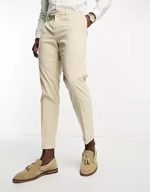 New Look slim fit pleated pants in oatmeal-White Cover