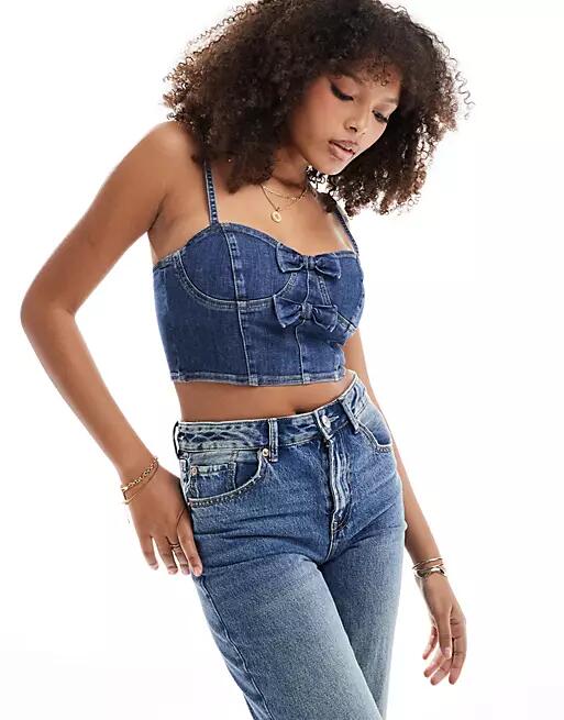 Miss Selfridge denim bow cami top in mid wash blue Cover