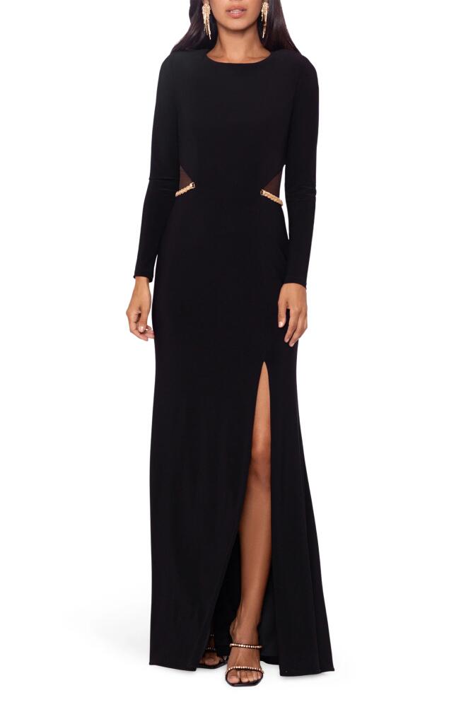 Xscape Evenings Illusion Cutout Long Sleeve Evening Gown in Black/Gold Cover