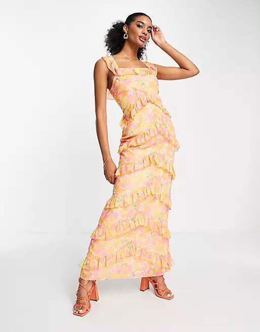 Pretty Lavish Cecile ruffle maxi dress in orange and pink abstract floral-Multi Cover