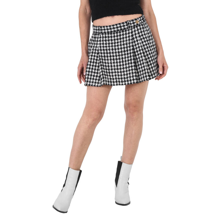 Versace Ladies White / Black Pleated Houndstooth Miniskirt Cover