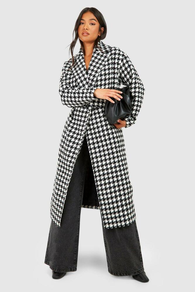 boohoo Womens Petite Dogtooth Belted Wool Look Trench - Black Cover