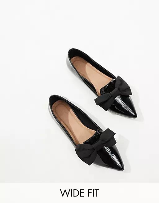 ASOS DESIGN Wide Fit Lake bow pointed ballet flats in black Cover