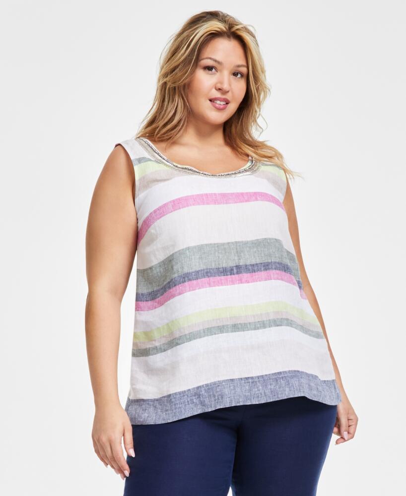 Charter Club Plus Size Printed Scoop-Neck 100% Linen Top, Created for Macy's - Cool Olive Combo Cover