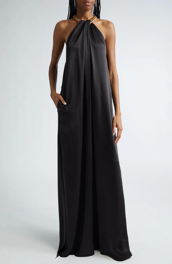 Stella McCartney Chain Crossover Halter Satin Gown in Black Cover