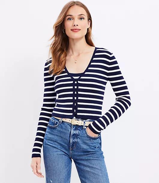 Loft Stripe Ribbed V-Neck Cardigan Top Cover