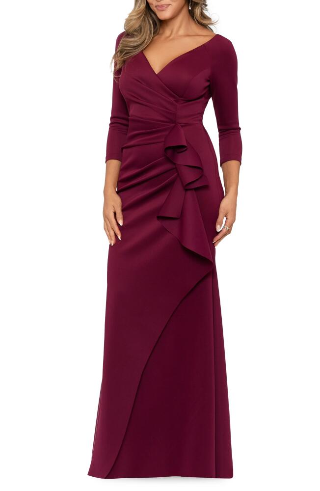 Xscape Evenings Xscape Ruched Scuba Ruffle Gown in Wine Cover