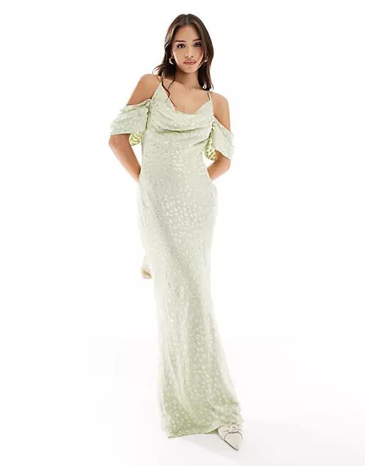 Pretty Lavish cold shoulder metallic maxi dress in green and gold Cover