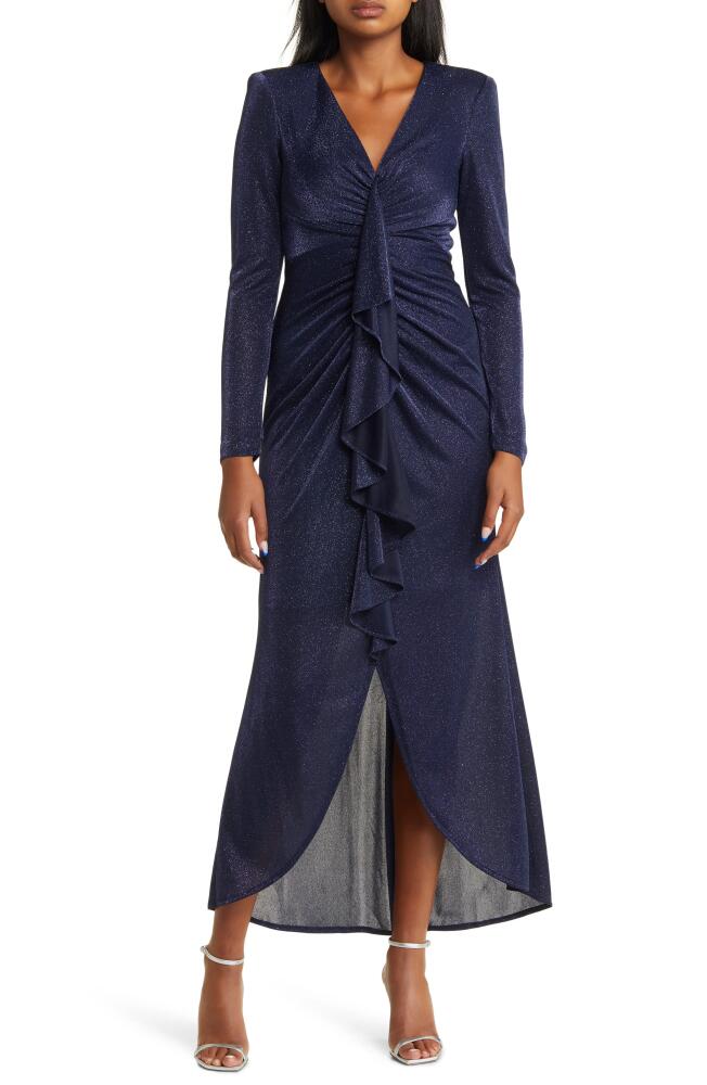 Vince Camuto Metallic Long Sleeve High-Low Gown in Navy Cover