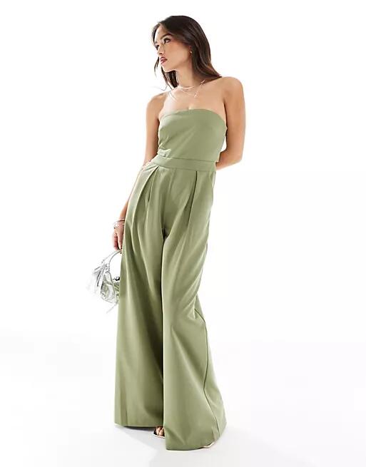 Pretty Lavish strapless jumpsuit with pockets in moss green Cover