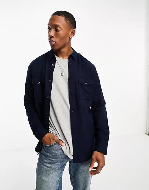 French Connection 2 pocket long sleeve flannel shirt in navy Cover