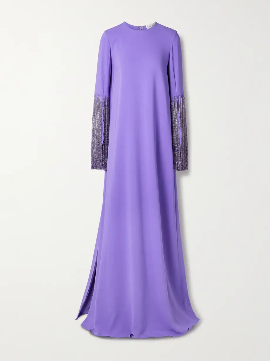 Oscar de la Renta - Fringed Bead-embellished Silk-blend Crepe Gown - Purple Cover