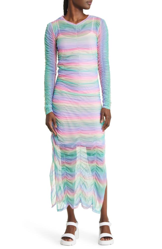 Dressed in Lala Ruched Mesh Long Sleeve Midi Dress with Slip in Rainbow Cover