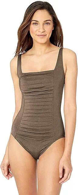 Calvin Klein Women's Pleated One Piece Swimsuit (Bronze) Women's Swimsuits One Piece Cover