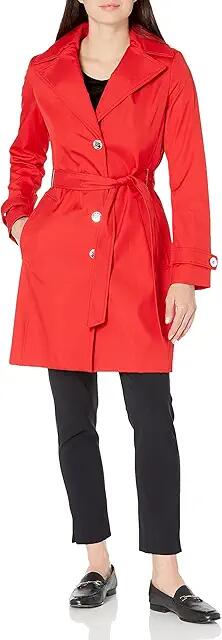 Calvin Klein Women's Single Breasted Belted Rain Jacket with Removable Hood (Cherry) Women's Coat Cover