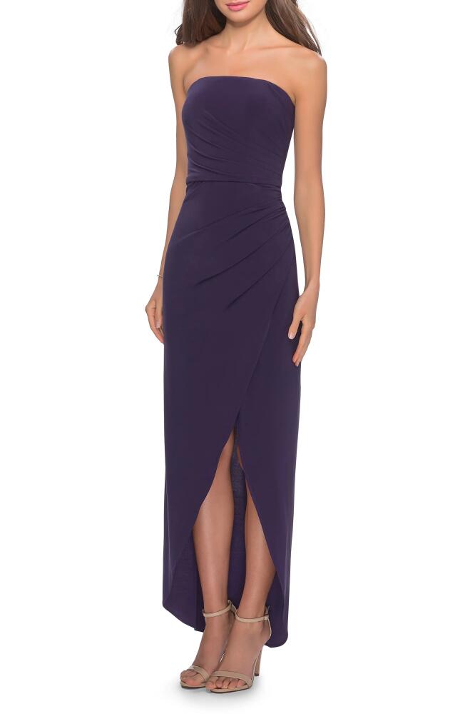 La Femme Strapless Ruched Soft Jersey Gown in Dark Purple Cover