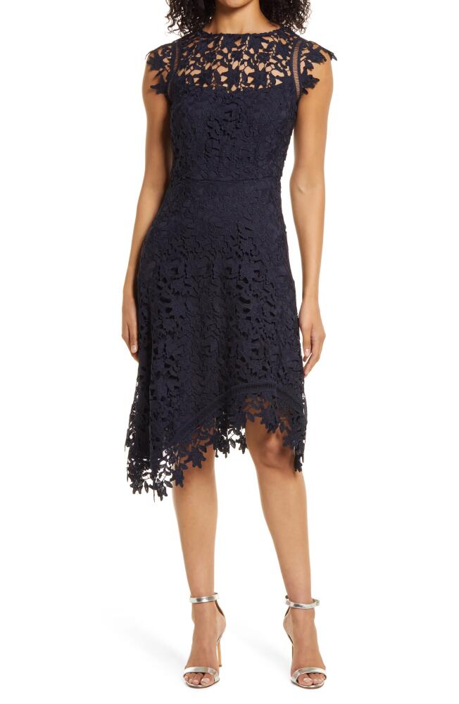 Eliza J Lace Asymmetric Cocktail Dress in Navy Cover