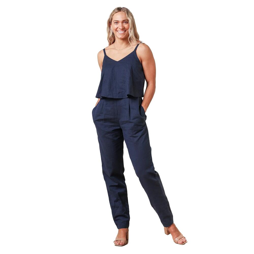 Hope & Henry Women's Sleeveless Faux Top Jumpsuit in Navy Linen Cover