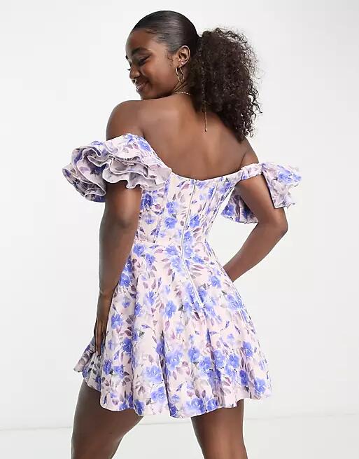 Bardot ruffle cold shoulder mini dress in blue floral Cover