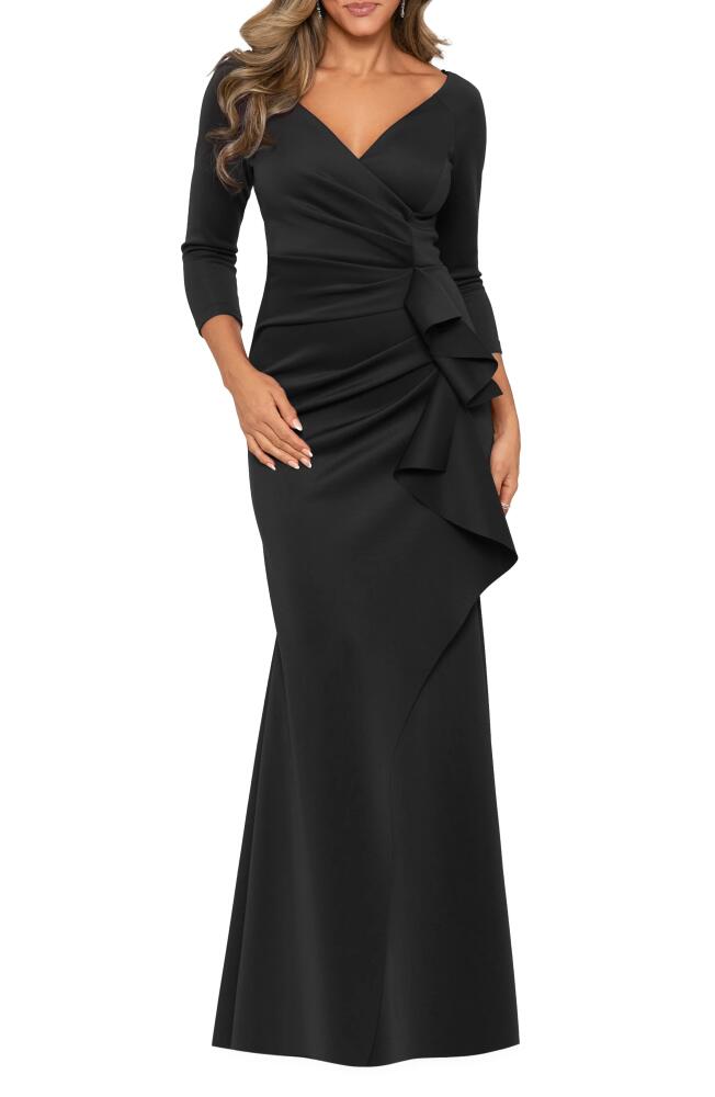 Xscape Evenings Xscape Ruched Scuba Ruffle Gown in Black Cover