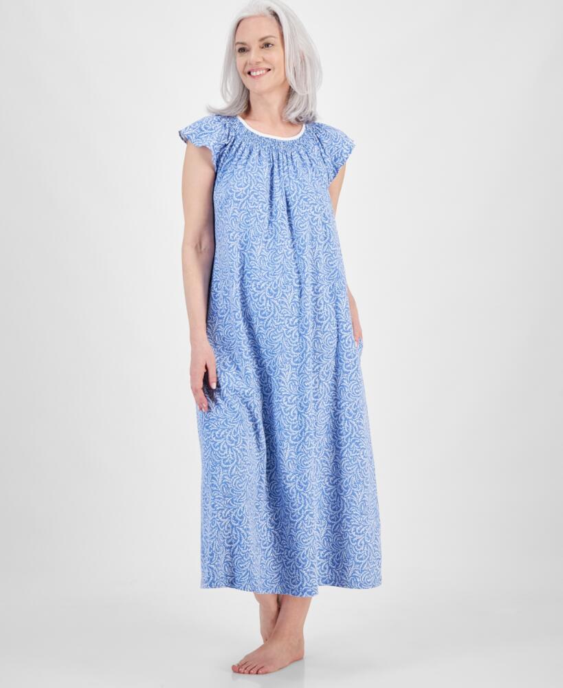 Charter Club Women's Cotton Smocked-Neck Nightgown, Created for Macy's - Scroll Delft Cover