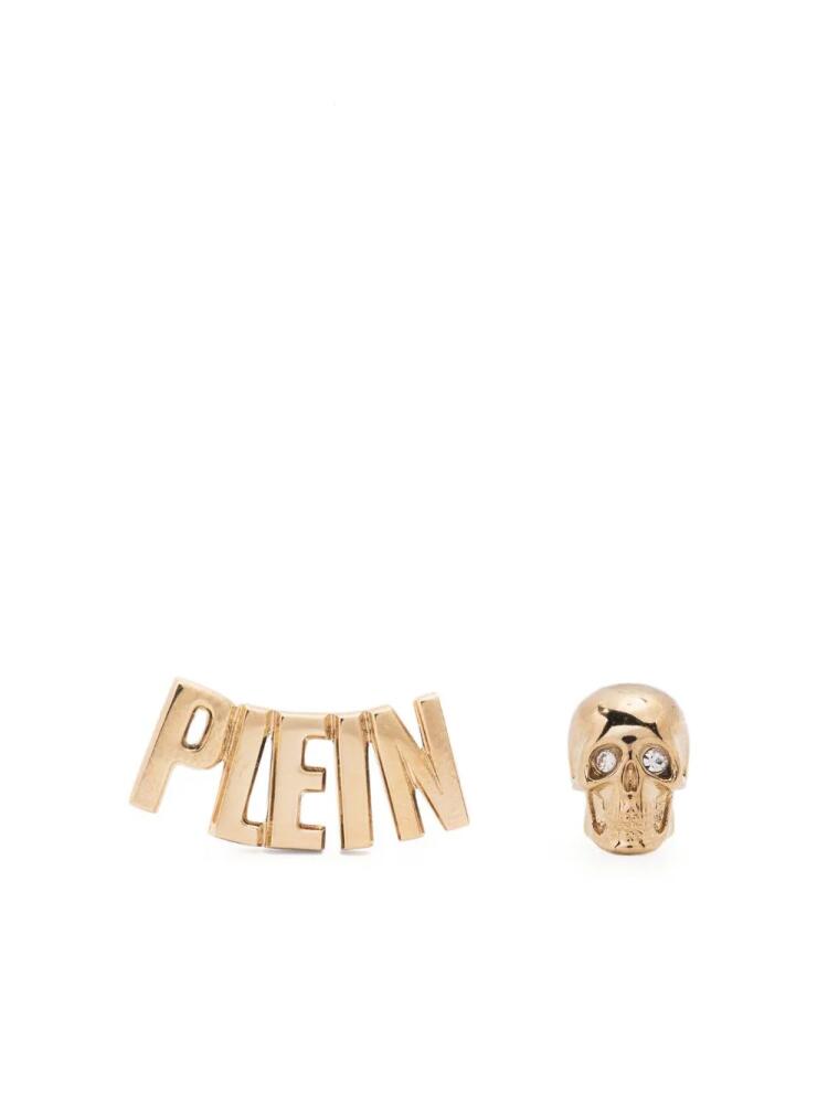 Philipp Plein asymmetric logo-lettering stud earrings - Gold Cover