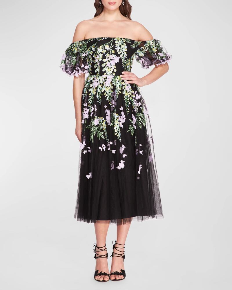 Marchesa Notte Off-Shoulder Embroidered Tulle Midi Dress Cover