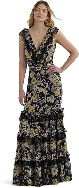 Lauren Ralph Lauren Floral Ruffle-Trim Georgette Gown (Black Multi) Women's Dress Cover