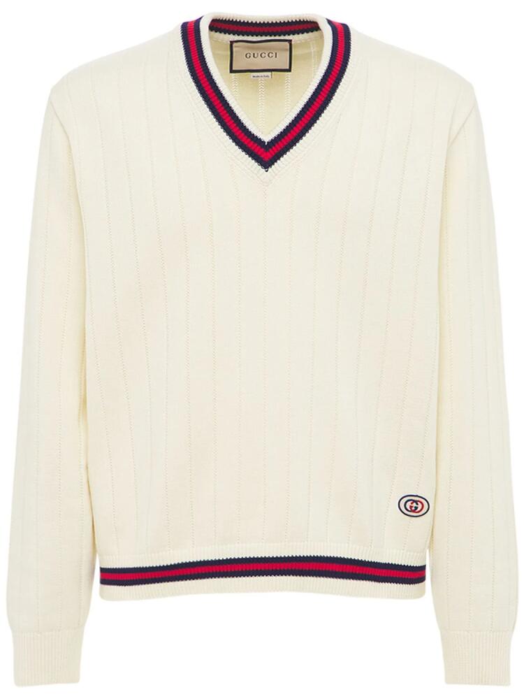 GUCCI Cotton Knit V Neck Sweater W/ Web Cover