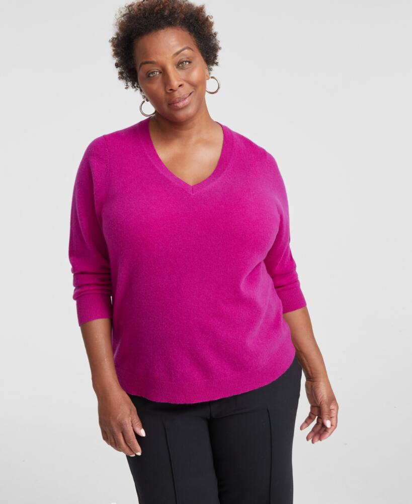 Charter Club Plus Size 100% Cashmere V-Neck Sweater, Created for Macy's - Fushsia Flair Cover