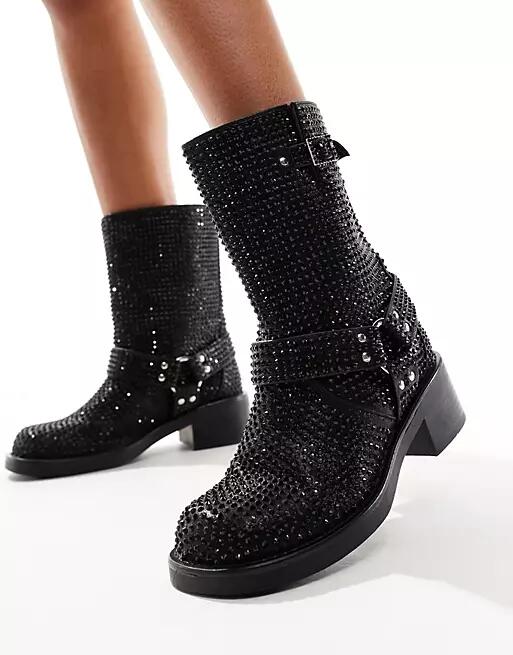 Azalea Wang Charity embellished biker boots in black-Pink Cover