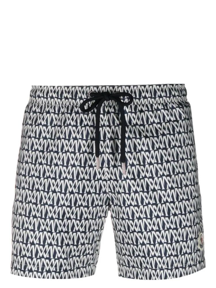 Moncler monogram-print logo-patch swim shorts - Blue Cover