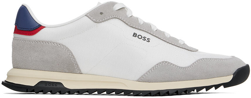 BOSS White & Gray Textured-Fabric Lace-Up Sneakers Cover