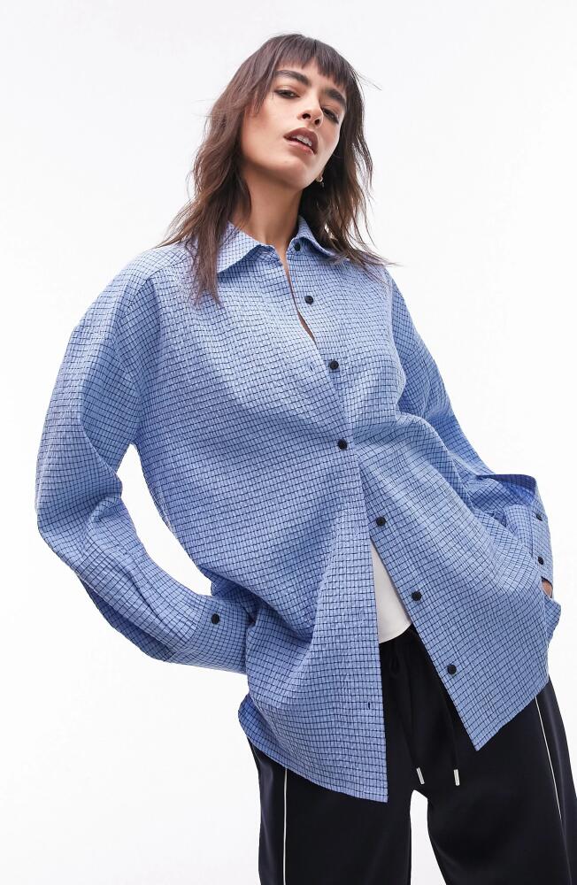 Topshop Oversize Check Textured Cotton Button-Up Shirt in Mid Blue Cover